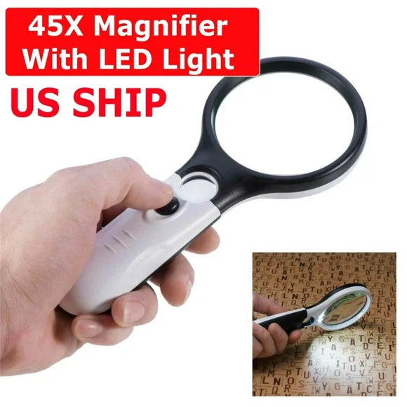 Magnifier 3 LED Light, 3X 45X Handheld Magnifier Reading Magnifying Glass Lens Jewelry Loupe White and Black