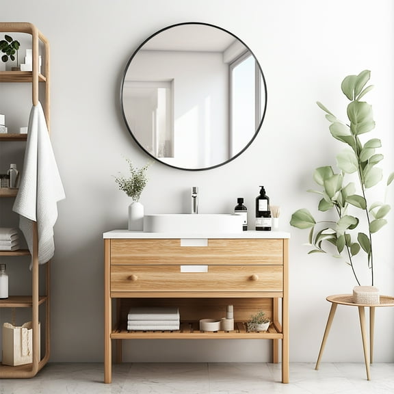 Magnifique 24" Round Mirror with Metal Frame for Bathroom, Wall Mounted Mirror for Vanity, Entryway, Dining Room, & Living Room, Black