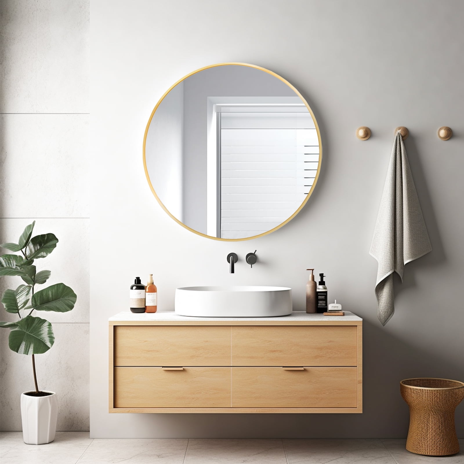 Magnifique 24 inch Round Mirror, Wall Mounted Bathroom Mirror with Metal Frame, Modern Home