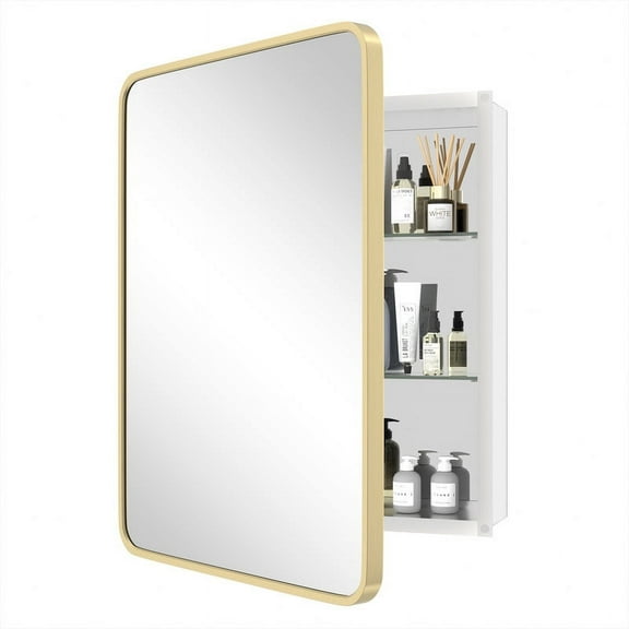 Magnifique Aluminum Medicine Cabinet with Mirror Round Corner Door Cabinet 22x28, Gold
