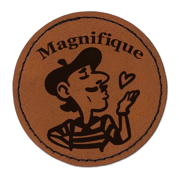 Magnifique French Compliment Language Beret Blowing Kiss Round Iron-On Engraved Faux Leather Patch Applique - 2.5 Inch - Brown