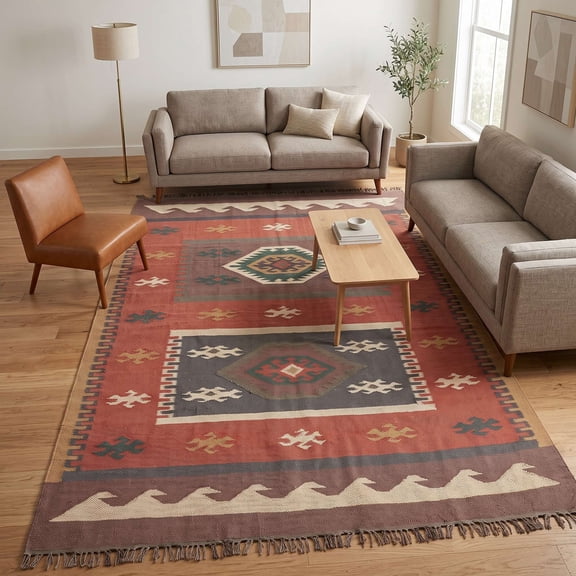 The Magnifique Handmade Southwestern Kilim Area Rug 6x9, Tribal Flat Weave Geometric Accent Rug, Rustic Boho Decorative Carpet for Living Room, Bedroom & Entryway