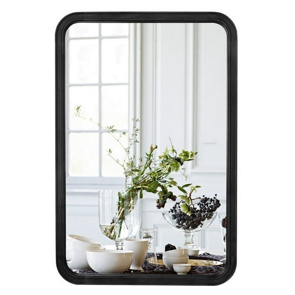 Magnifique Round Corner Farmhouse Wall Mirror with Wood Frame for Bathroom 20" x 30", Black