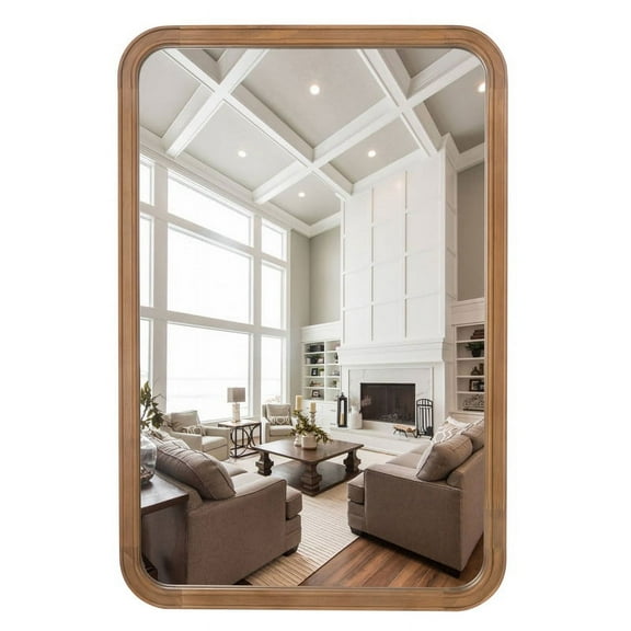 Magnifique Round Corner Farmhouse Wall Mirror with Wood Frame for Bathroom 20" x 30", Natural Wood Color