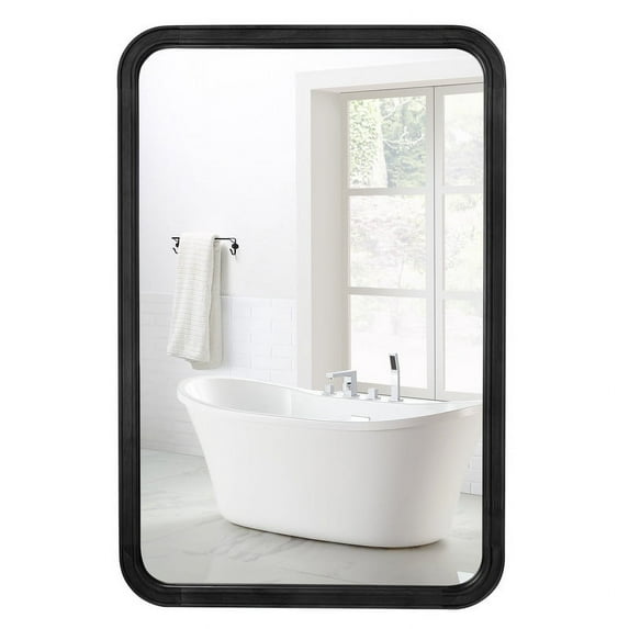 Magnifique Round Corner Farmhouse Wall Mirror with Wood Frame for Bathroom 24" x 36", Black