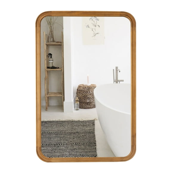 Magnifique Round Corner Farmhouse Wall Mirror with Wood Frame for Bathroom 24" x 36", Natural Wood Color