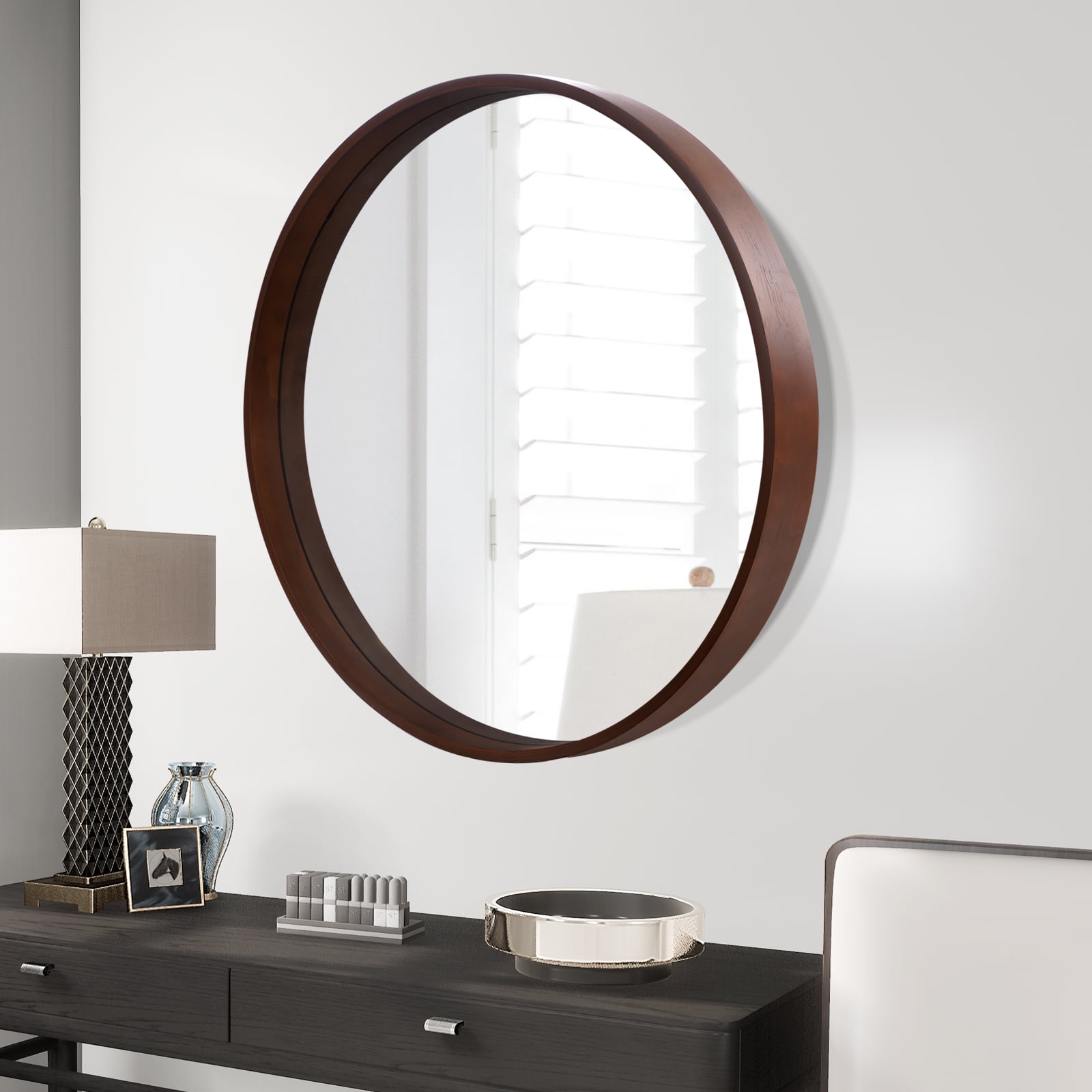 Magnifique Round Mirror for Bathroom with Wood Frame 28", Walnut ...