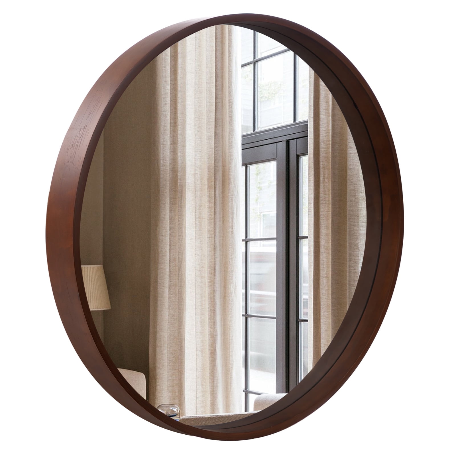 28" Walnut Round Mirror with Wood Frame