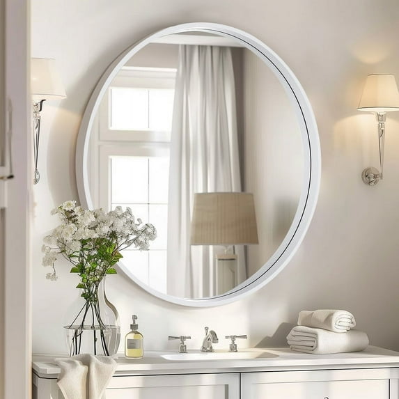 Magnifique Round Mirror for Bathroom with Wood Frame 28", White