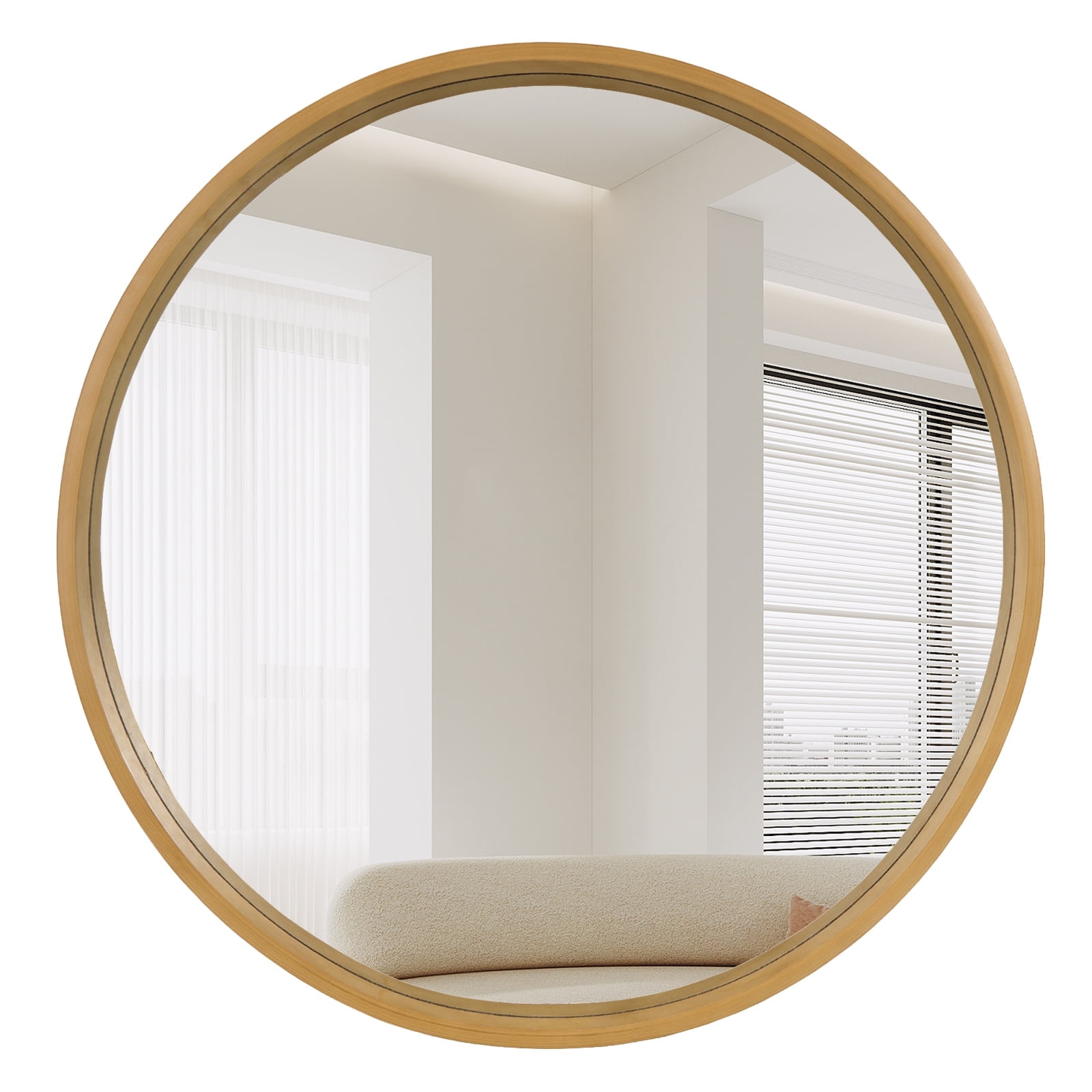 Natural Wood Round Wall Mirror with Silver Accents, 32 Inches