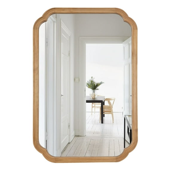 Magnifique Rounded Corner Arch Wall Mirror with Wood Frame for Bathroom 20" x 30", Natural Wood Color