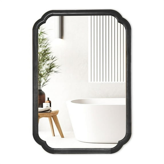 Magnifique Rounded Corner Arch Wall Mirror with Wood Frame for Bathroom 24" x 36", Black