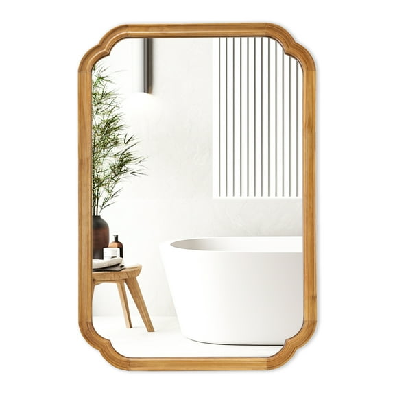 Magnifique Rounded Corner Arch Wall Mirror with Wood Frame for Bathroom 24" x 36", Natural Wood Color