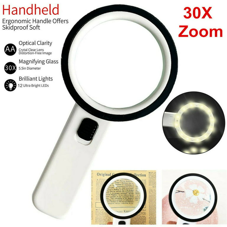 Magnifying Glass 30X Jumbo Handheld w/12 Bright LED Light Illuminated Magnifier, Size: 1XL