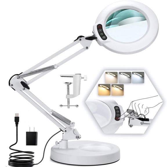 2-in-1 Magnifying Glass with Light & Stand, 5 Color Modes Stepless Dimmable Hands Free Desk Lamp for Close Work Repair Reading Crafting