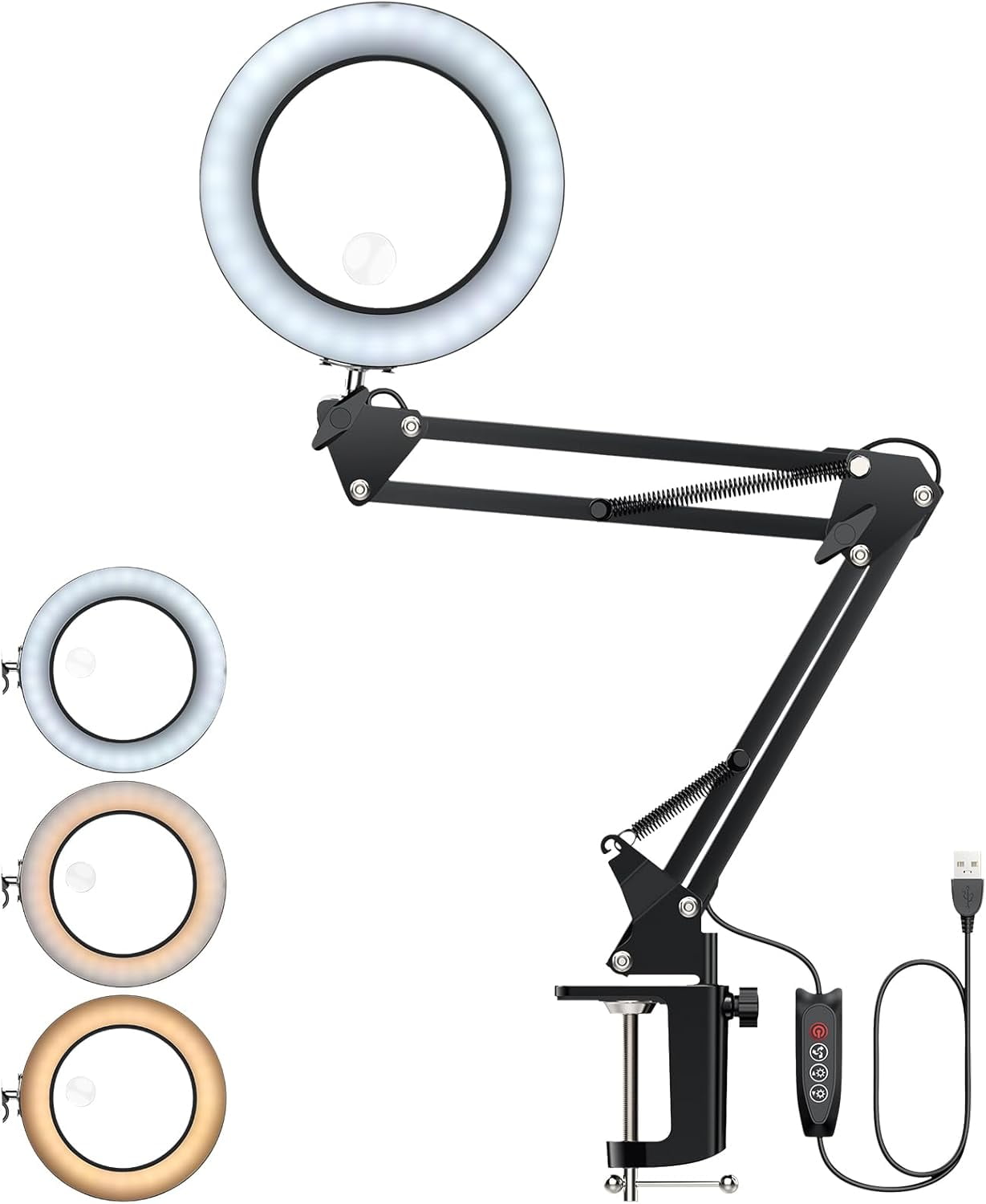 Magnifying Glass with Light and Clamp, 29 inch Adjustable Swivel Arm Lighted Magnifying Desk Lamp, LED 3 Color Modes,10 Brightness, Hands Free Flexible Magnifier for Hobby Close Work, Reading