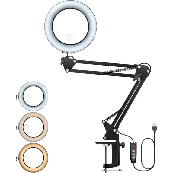 Magnifying Glass with Light and Clamp, 29 inch Adjustable Swivel Arm Lighted Magnifying Desk Lamp, LED 3 Color Modes,10 Brightness, Hands Free Flexible Magnifier for Hobby Close Work, Reading