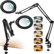 Magnifying Glass with Light and Clamp, Ultra Long 3 Section Swing Arm LED Desk Lamp, Real Glass Lens, 5 Color Modes Dimmable, Hands Free Lighted Magnifier with Stand for Repair Craft Close Work
