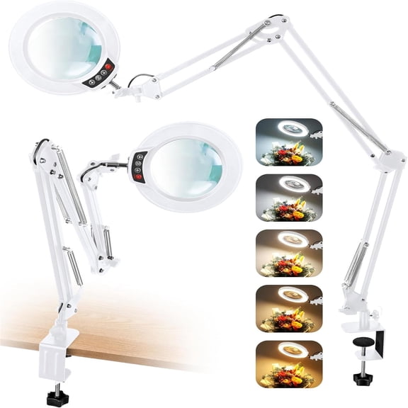 Magnifying Glass with Light and Clamp, Ultra Long 3 Section Swing Arm LED Desk Lamp, Real Glass Lens, 5 Color Modes Dimmable, Hands Free Lighted Magnifier with Stand for Repair Craft Close Work