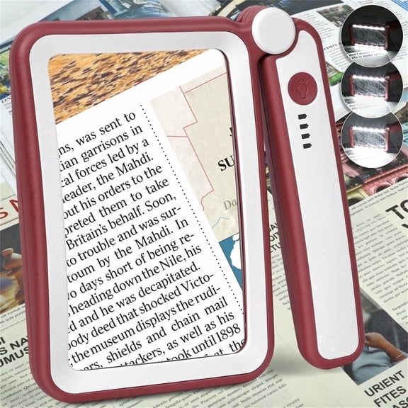 Rechargeable Handheld Magnifying Glass with Light, Folding Dimmable for Seniors Low Vision Reading Small Print - White Red
