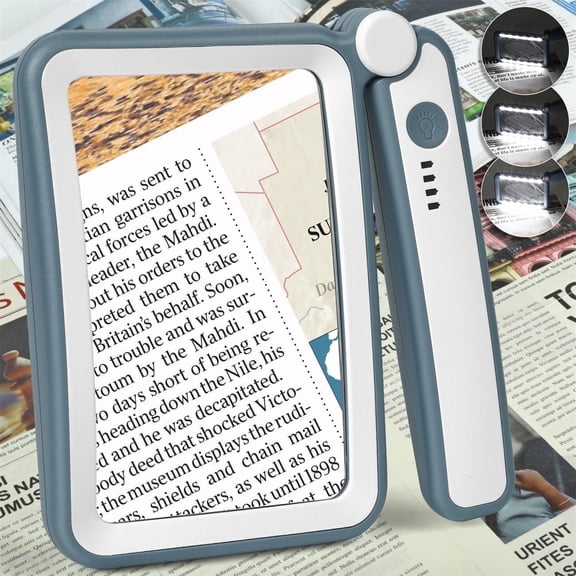 Large Rechargeable Handheld Magnifying Glass with Light, Folding Dimmable Rectangle Lens for Seniors Reading Small Print - Blue White