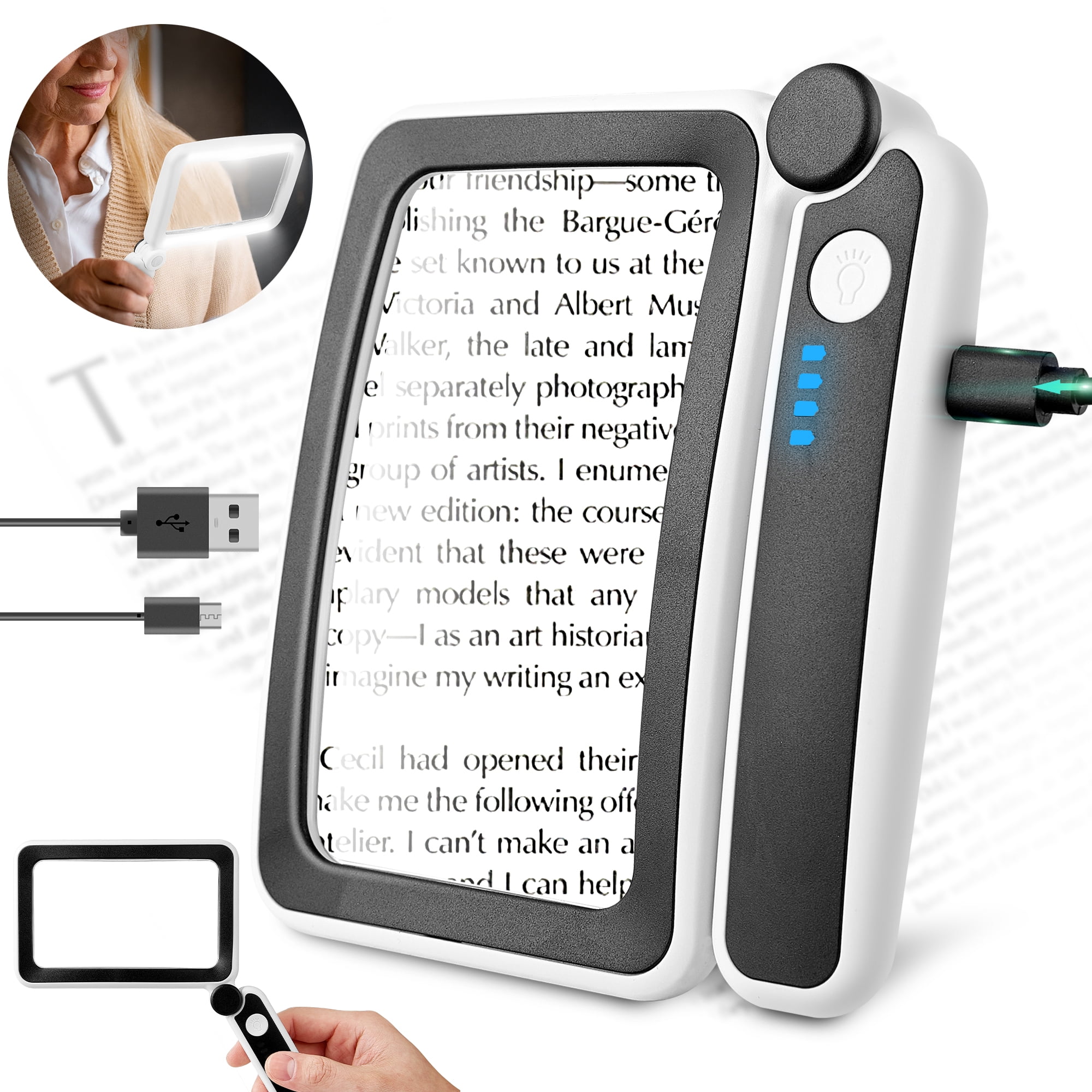 Handheld LED Magnifying Glass with Light, 4X Rechargeable Magnifier for