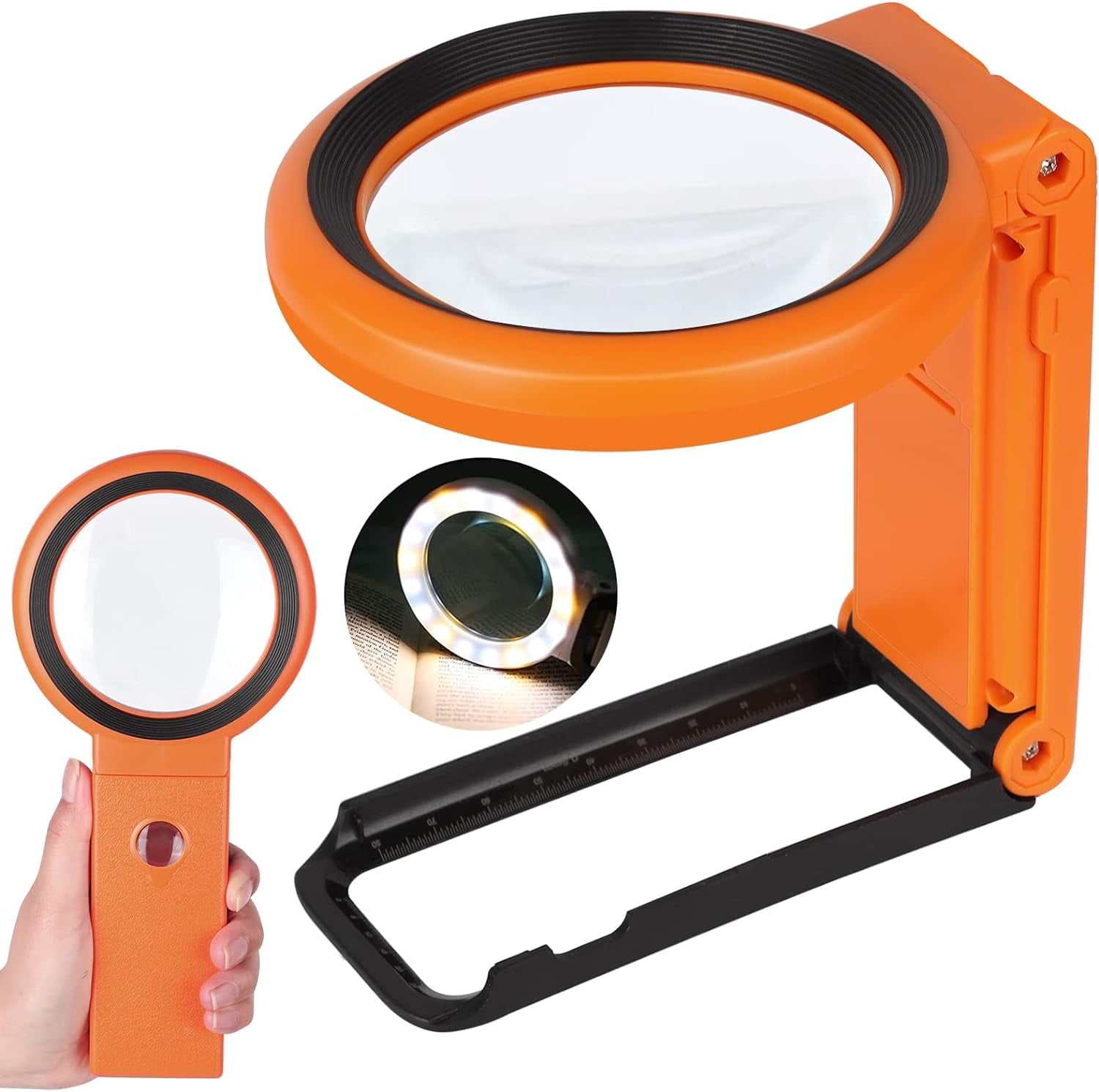 Magnifying Glass with Light and Stand, Foldable Handheld 18 LED Illuminated Lighted Magnifier for Macular Degeneration, Seniors Reading, Close Work, Coins, Jewelry Orange