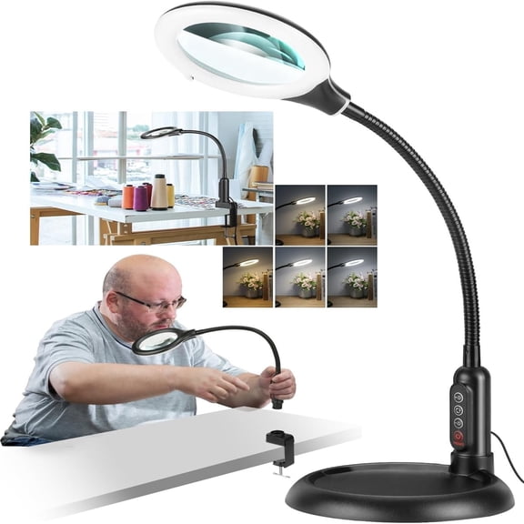 Magnifying Glass with Light and Stand, Real Glass, LED 5 Color Modes, Brightness Stepless Dimming Lighted Magnifier Hands Free with Flexible Gooseneck Desk Clamp Lamp for Close Work, Craft, Hobby