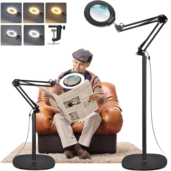 Magnifying Glass with Light and Stand, Real Glass Lens, 5 Color Modes Dimmable, 3-in-1 Adjustable Swing Floor Lamp, LED Lighted Hands Free Magnifier & Clamp for Reading, Crafts, Painting