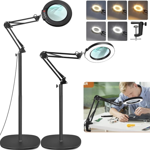 Magnifying Glass with Light and Stand, Real Glass Lens, 5 Color Modes Dimmable, 3-in-1 Adjustable Swing Floor Lamp, LED Lighted Hands Free Magnifier & Clamp for Reading, Crafts, Painting