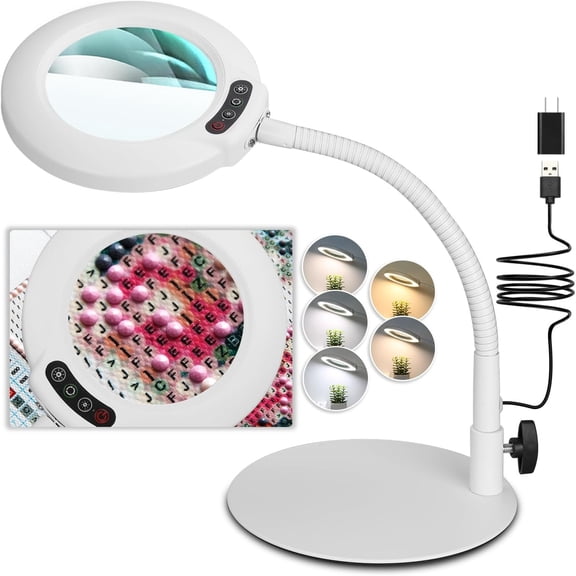 Lighted Magnifying Glass with Stand ,Real Glass Lens, 5 Color Modes Dimmable, Flexible Gooseneck Hands-Free LED Desk Lamp for Crafts, Painting, Sewing & Close Work,White