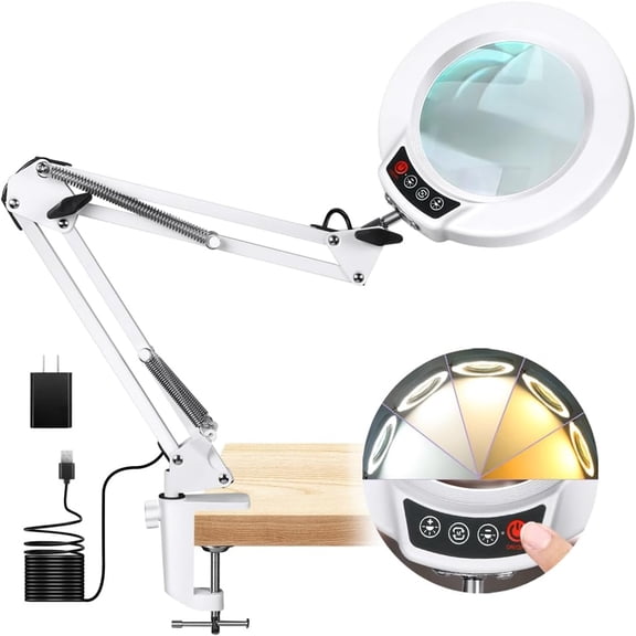 Magnifying Glass with Light and Stand, Real Glass Lens 5 Color Modes Stepless Dimmable, Hands Free Adjustable Arm LED Lighted Magnifier Desk Lamp & Clamp for Crafts Reading Repair