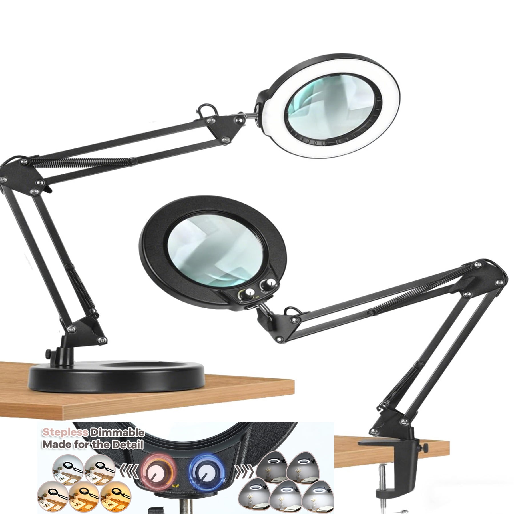 Magnifying Glass with Light and Stand, Real Glass Lens, Switch Knob for Multi-Color Modes Dimmable, LED Lighted Desk Lamp & Clamp, Hands Free Magnifier for Repair Craft Painting Close Work
