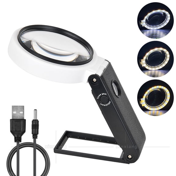 Magnifying Glass with 3-Color Light (Cold/Warm), Handheld Foldable Desktop Stand, for Elderly Reading and Identification