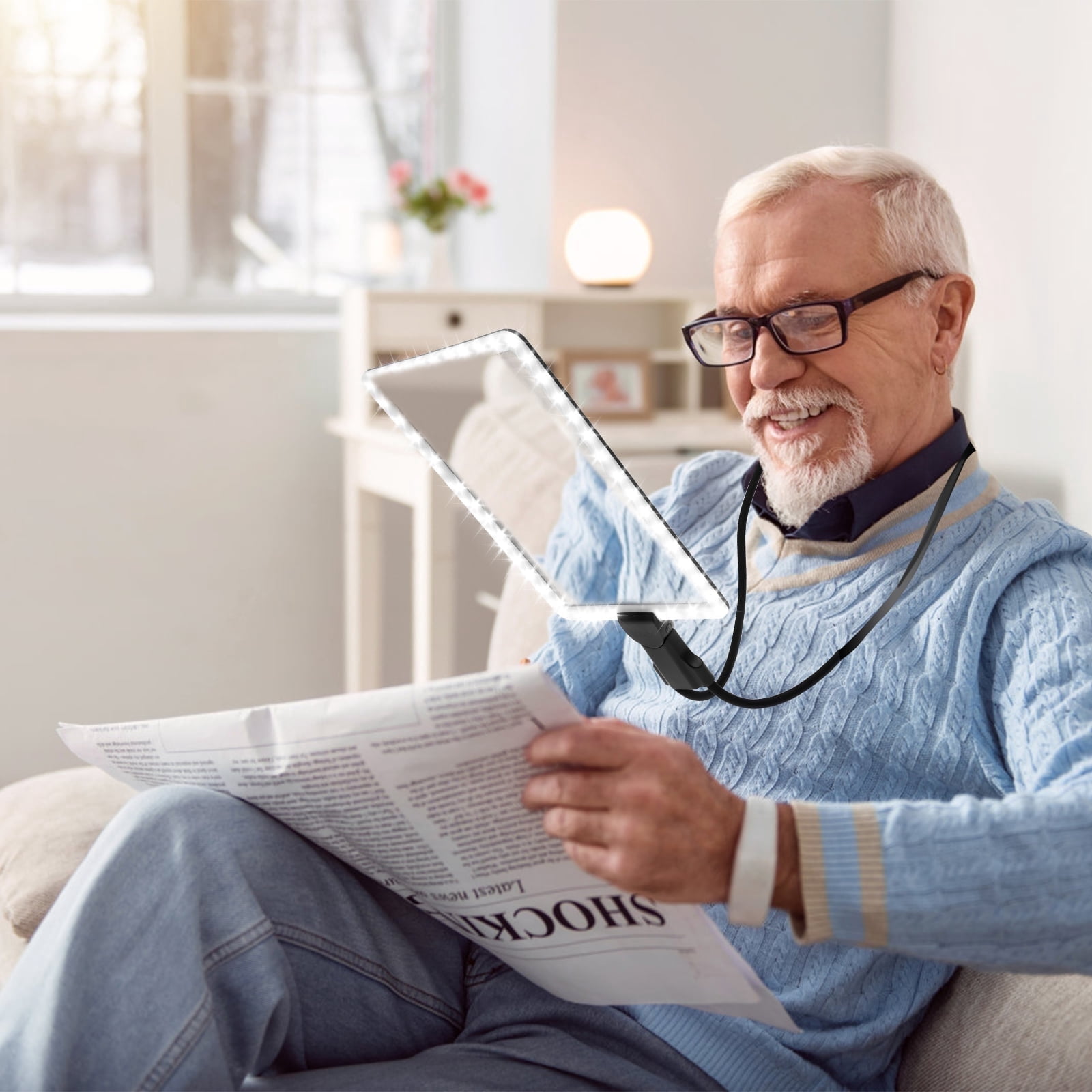 Magnifying Glass with Light Rechargeable Hands Free Full Page Reading Magnifier with Neck Hanging 7.5 x 10.2in for Elderly Visual Impairment