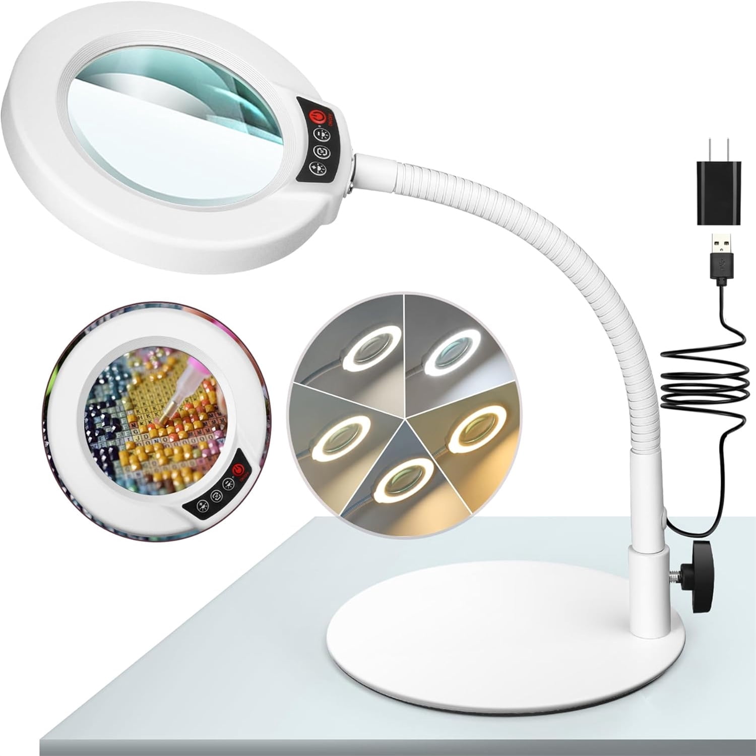 RunSenFo 4.4-inch Magnifying Glass with Light and Stand with Flexible Goose-Neck - White