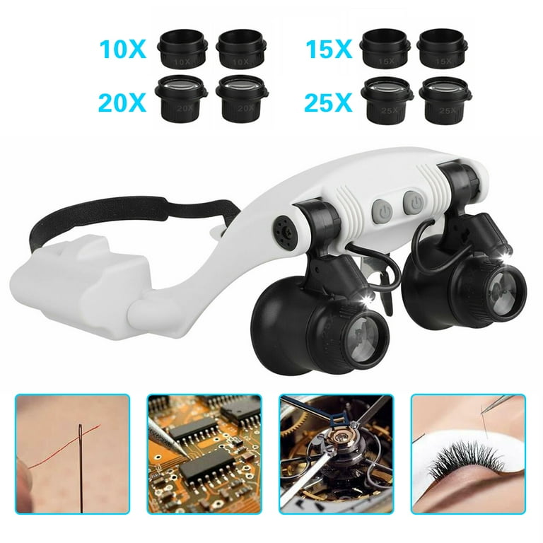 10x 15X 20X 25x Magnifying Glass Hands-Free LED Light Glasses Magnifier for Close Work, Jewellery Loupe, Crafts Sewing, Black
