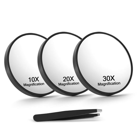 Magnifying Mirror, 10X & 20X & 30X Set, Magnified Mirror 3.5" with Two Suction Cups, Travel Magnifying Mirror Set , Compact Small Magnifying Mirror for Travel(Black)
