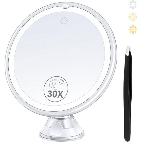 Magnifying Mirror with Light 30X, Lighted Makeup Mirror 30X for Precision Makeup, 3 Color Modes and Adjustable Brightness, 360 Swivel Magnifying Mirrors Suction Cup for Bathroom 8 Inches