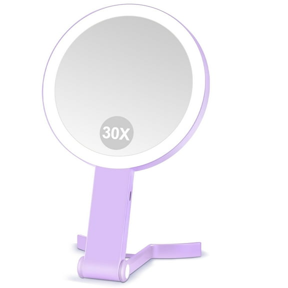 Magnifying Mirror with Light, Double Sided 30X/1X Lighted Travel Makeup Mirror with Magnification, 3 Color Lighting, Dimmable Touch Screen, Adjustable & Foldable Hand Mirror (White)