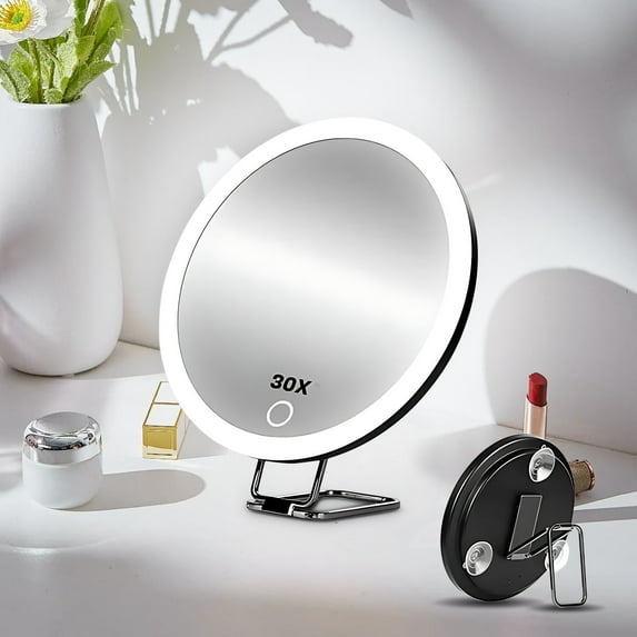 Magnifying Mirror with Light, Large 6" Rechargeable Lighted 20x /30x Magnified Mirror with Suction Cups & Table Stand, 3 Color Modes Dimmable Light up Travel Magnifying Makeup Mirror