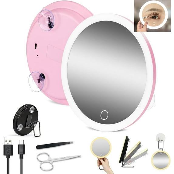 Magnifying Mirror with Light Suction Cup, 30x Lighted Large Magnified Mirror, Travel Makeup Mirrors High Magnification with Rechargeable 3 Colors Dimming Light and 360° Adjustable Stand(Pink-10X)