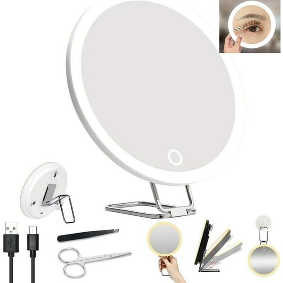 Magnifying Mirror with Light Suction Cup, 30x Lighted Large Magnified Mirror, Travel Makeup Mirrors High Magnification with Rechargeable 3 Colors Dimming Light and 360° Adjustable Stand(White-30X)