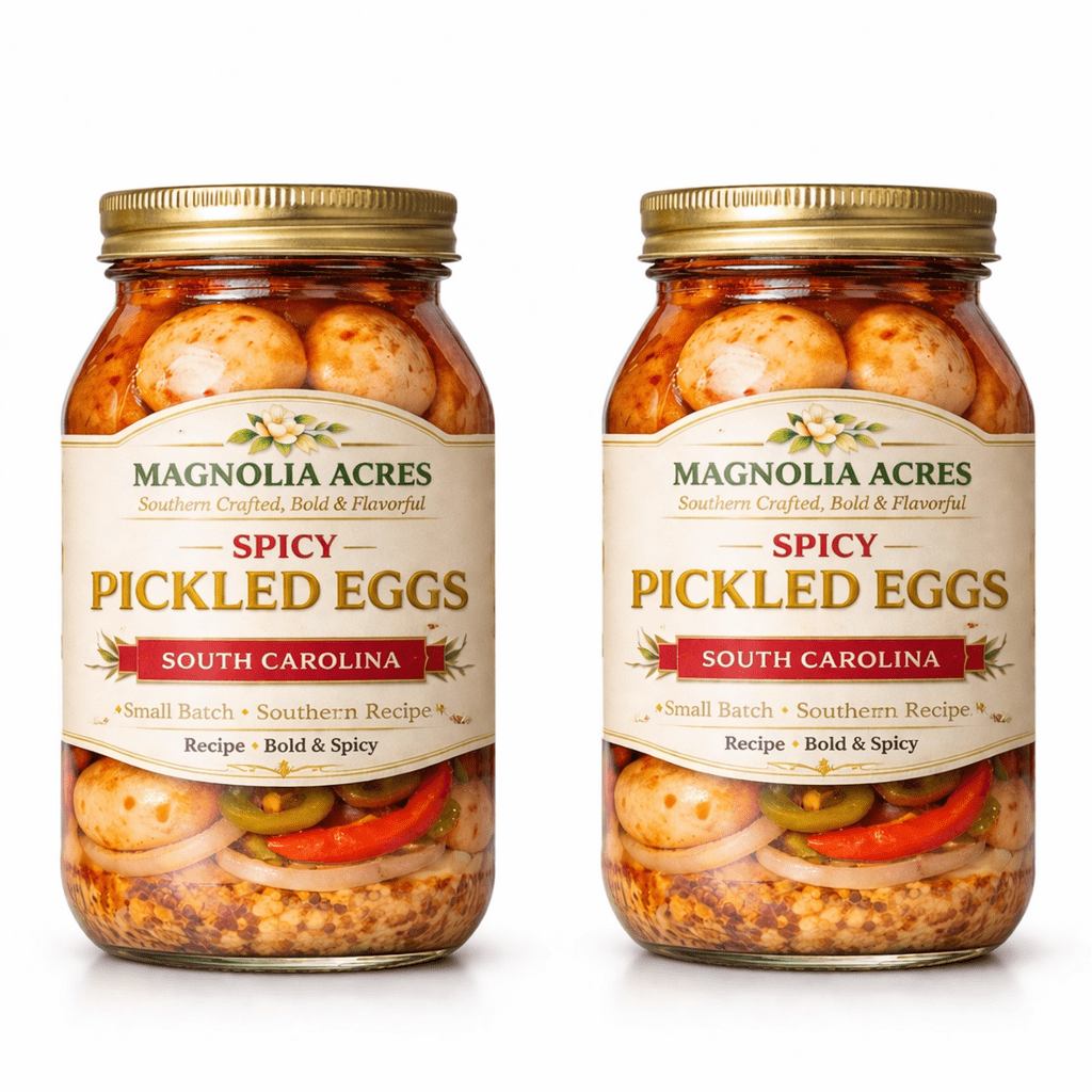 Magnolia Acres Spicy Pickled Eggs, 2 Pack (32 oz Jars), Southern Style Bold Flavor, High Protein Snack, Small Batch, South Carolina Inspired