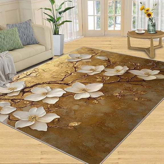 Magnolia Area Rugs for Living Room Embossed Flowers Washable Rug Golden Plant Leaves Rug Non Slip Low Pile Soft Area Rugs for Bedroom Bedside Dining Room Kids 4 x 5ft