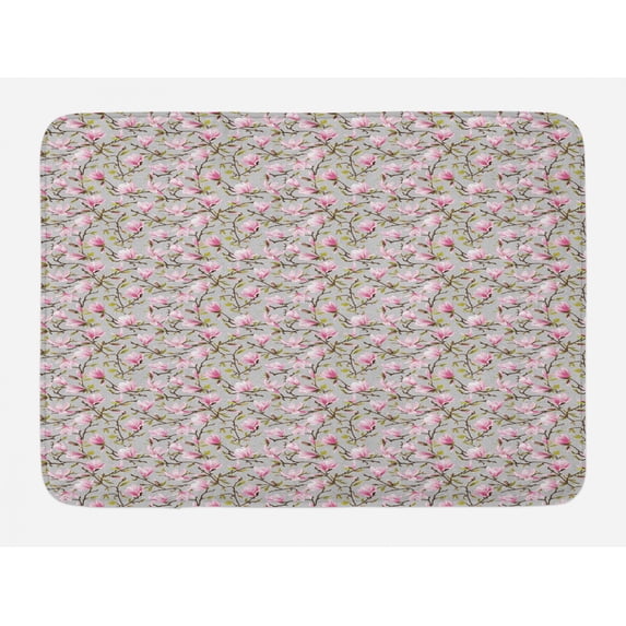 Magnolia Bath Mat, Exotic Floral Tree Burst into Magnolias Watercolor Style Pattern, Plush Bathroom Decor Mat with Non Slip Backing, 29.5" X 17.5", Grey Pale Pink and Brown, by Ambesonne