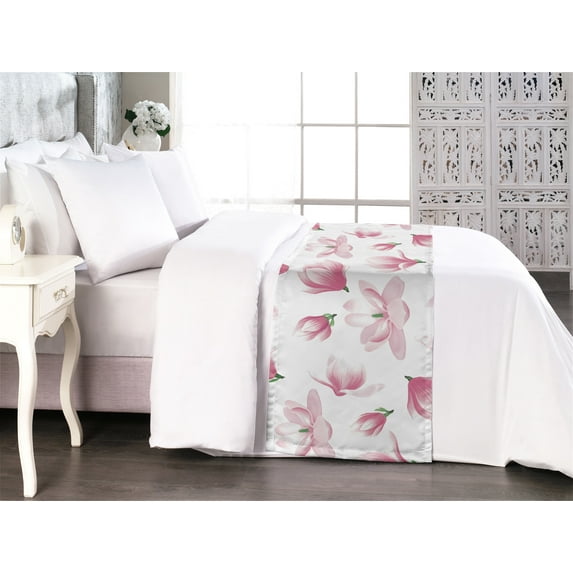 Magnolia Bed Runner, Modern Simple Design Flowers Boho with Leaves on Plain Backdrop Print, Decorative Accent Bedding Scarf for Hotels Homes & Guest Rooms, Queen, Magenta Pale Pink White, by Ambesonne