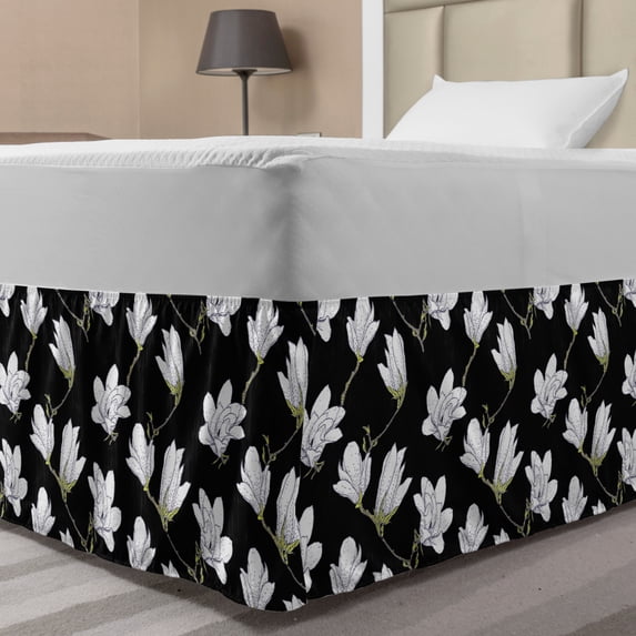 Magnolia Bed Skirt, Hand Drawn Countryside Flowers Blossoming Nature on Dark Background, Elastic Bedskirt Dust Ruffle Wrap Around for Bedding Decor, 4 Sizes, Green Black and White, by Ambesonne