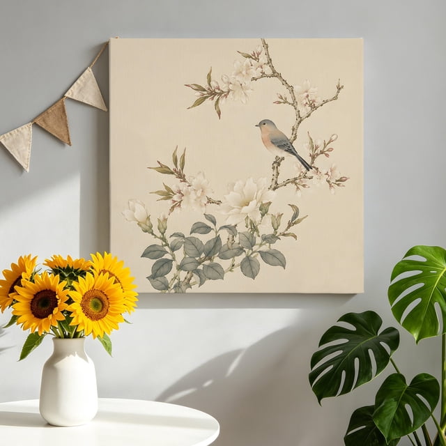 Spring Backround Light Magnolia Bird Canvas Wall Art, Spring Watercolor Songbird Botanical ...