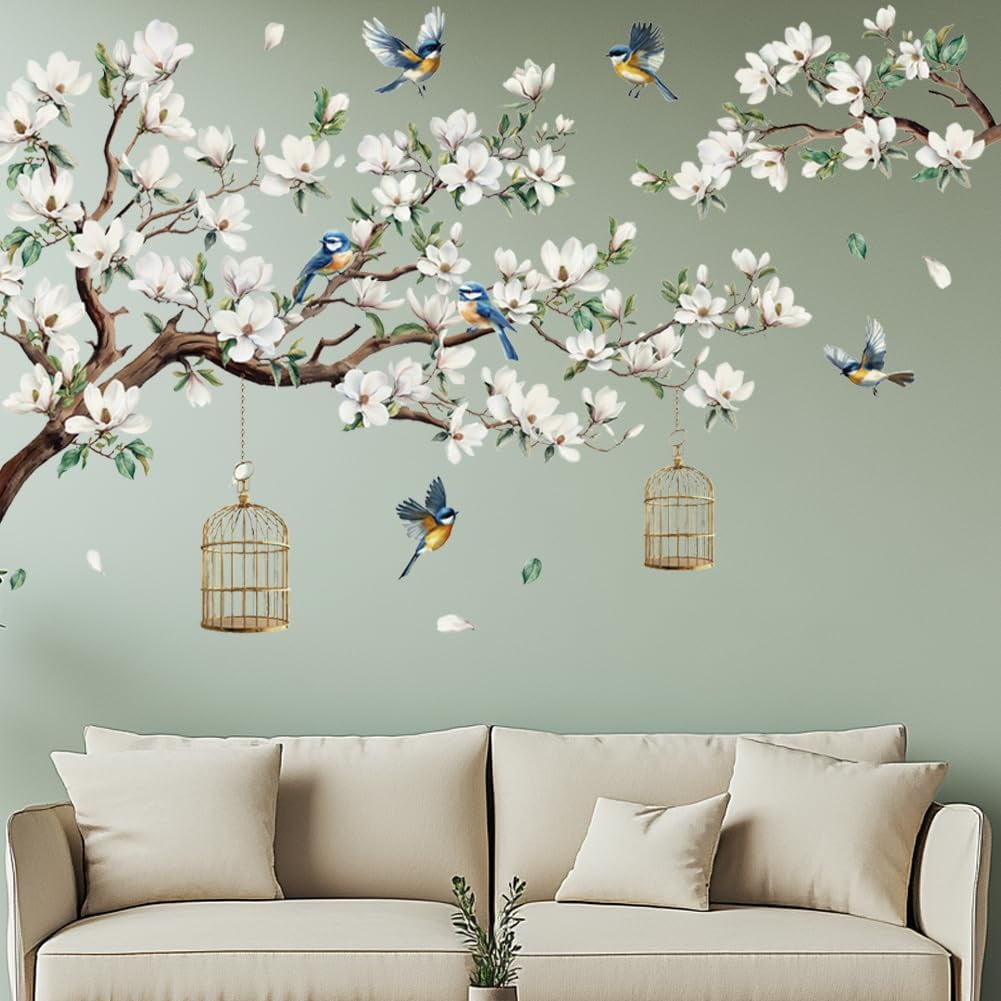 Magnolia Bird Wall Decals Tree Flowers Wall Sticker White Flower Decoration Magnolia Home Decor for Bedroom Living Room TV Background Vinyl Large Wallpaper Art 84.6x47.6in